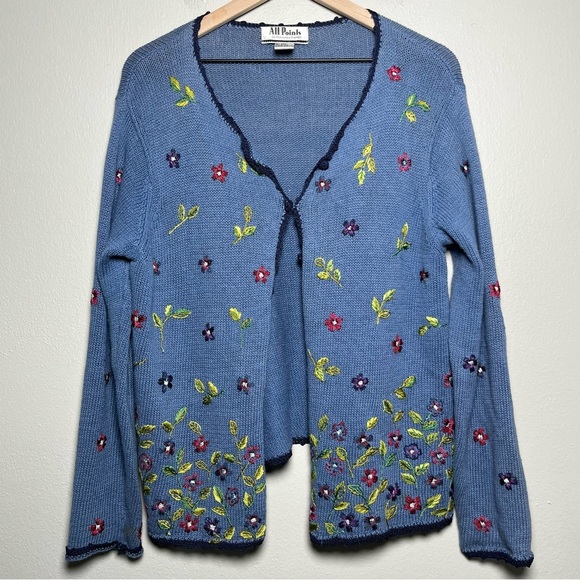 VTG 90s Women Cottage Core Cardigan Sweater Medium Blue Floral Embroidered - Picture 1 of 11
